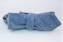Blue Linen Herringbone Bow Tie Slim Diamond Tip