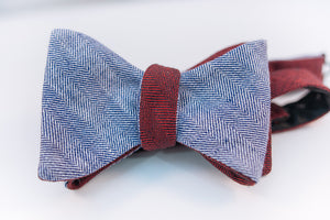 Red & Blue Reversible Linen Herringbone Bow Tie Butterfly