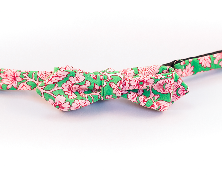 Green Cotton Bow Tie With Pink Floral- Slim Diamond Tip Bow Tie