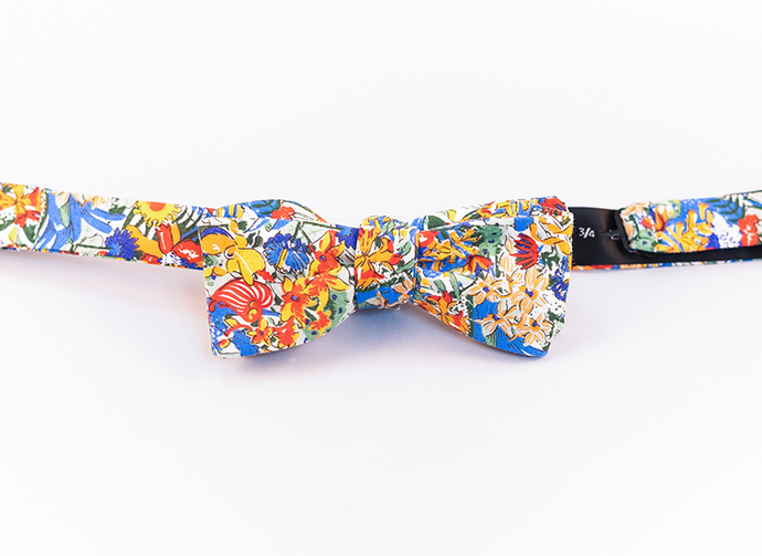 Floral Cotton Voile Bow Tie With Hues of Blue, Red, & Orange Print-Batwing