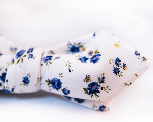 Blue Floral Cotton Bow Tie-Slim Diamond Tip
