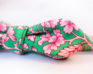 Green Cotton Bow Tie With Pink Floral- Slim Diamond Tip Bow Tie