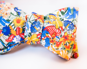 Floral Cotton Voile Bow Tie With Hues of Blue, Red, & Orange Print-Butterfly