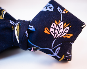 Dark Blue With Pink And Green Floral Cotton Sateen Bow Tie-Diamond Tip