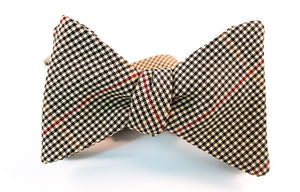 A two-toned windowpane check bow tie with colors of black, red, and beige in this lightweight twill bow tie.   Height: 3" x Width: 4.25" x Knot Size: .75  (Approx.)  Dry Clean Only