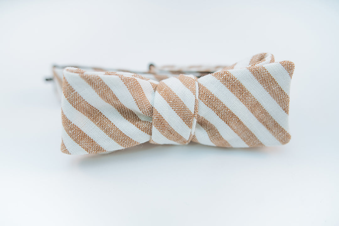 Brown & White Stripe Linen Bow Tie Batwing