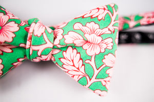 Green Cotton Bow Tie With Pink Floral Pattern-Butterfly