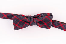 Indigo & Red Cotton Window Pane Bow Tie With A Butterfly Design.
