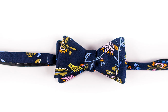 Dark Blue With Pink And Green Floral Cotton Sateen Bow Tie-Butterfly