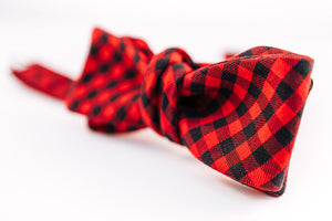 Red & Black Cotton Shepard's Check Bow Tie With A Batwing Design.
