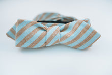 Brown & Turquoise Stripe Linen Bow Tie Slim Diamond Tip