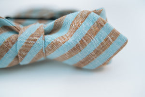 Brown & Turquoise Stripe Linen Bow Tie Slim Diamond Tip