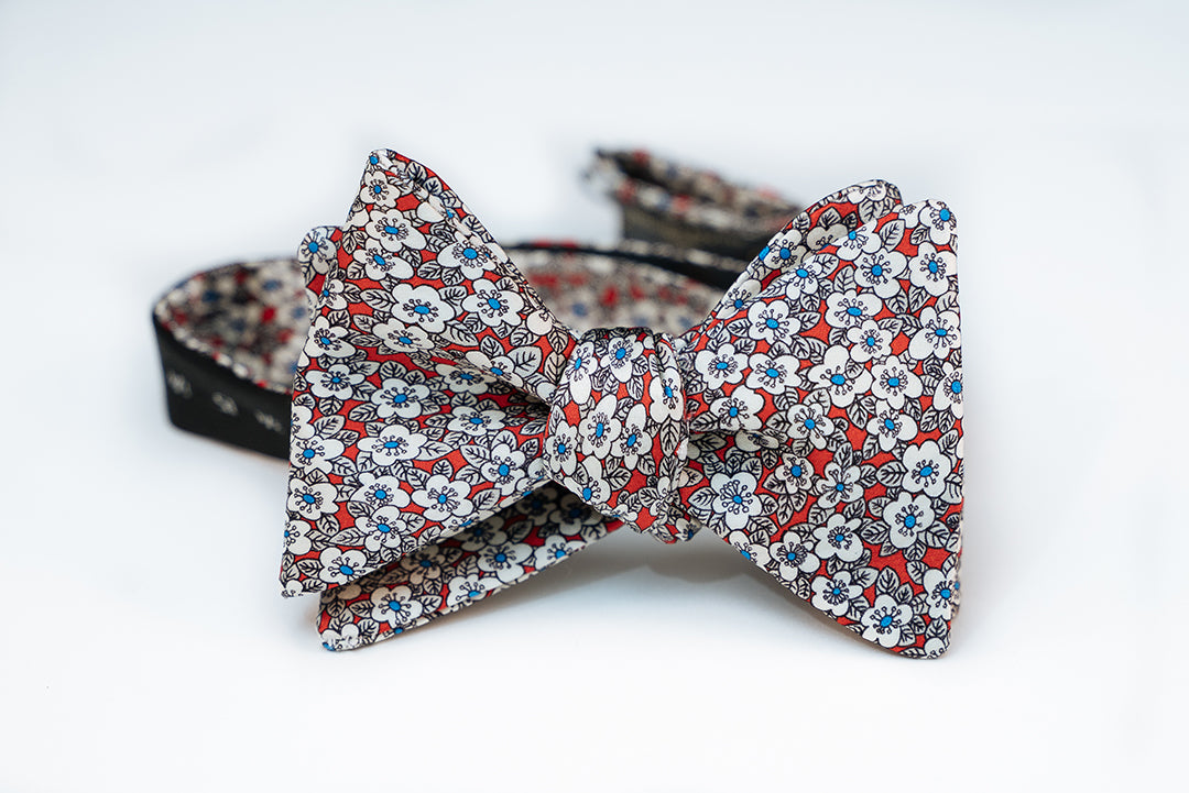 Blue & Red Japanese Cherry Blossom Silk Bow Tie Butterfly